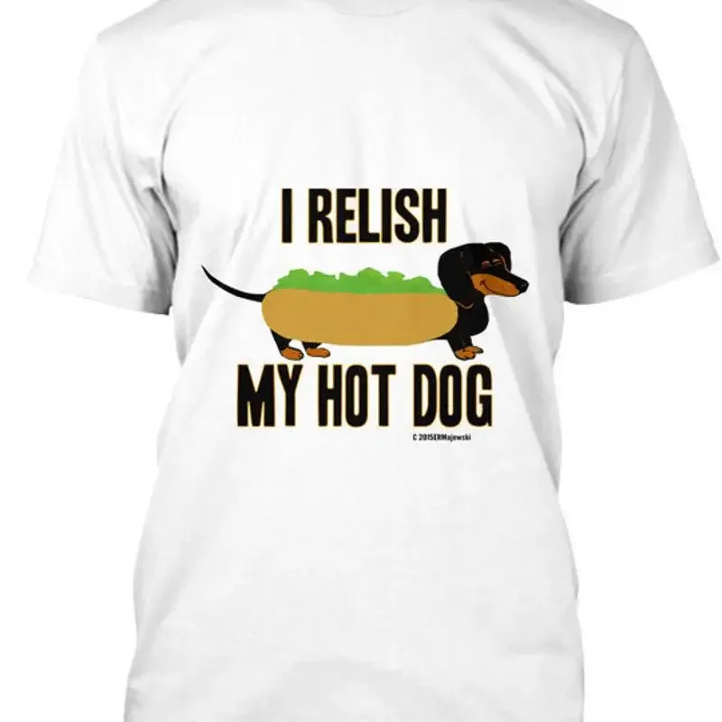 Camiseta Dachshund negra y bronceada Relish My Hot Dog hecha en EE. UU., talla S a 5XL
