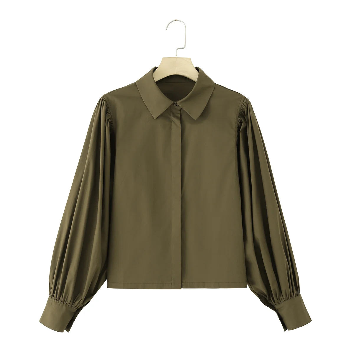 

2025 Winter New Women's Casual Fashion Simple Collared Long Sleeve Puff Sleeve Poplin Straight Hem Shirt