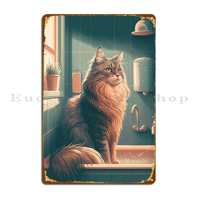 Maine Coon Cat In Bathroom Retro Metal Sign Poster Printing Printing Cave Cave Garage Tin Sign Poster