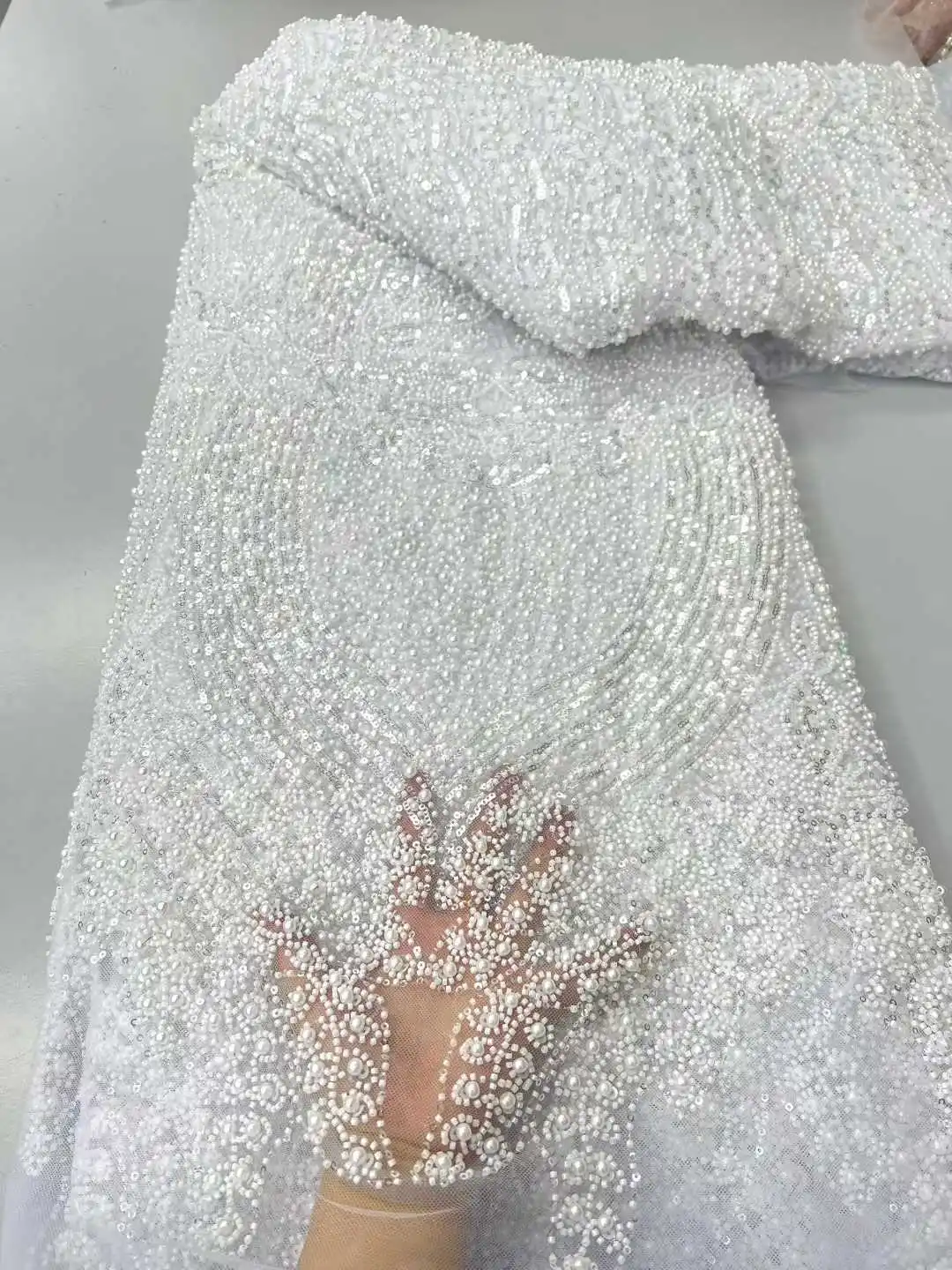 

White African Heavy Beaded Tulle lace Fabric 2026 High Quality Sequins Embroidery French Tulle Laces For Nigeiran Party Dresses