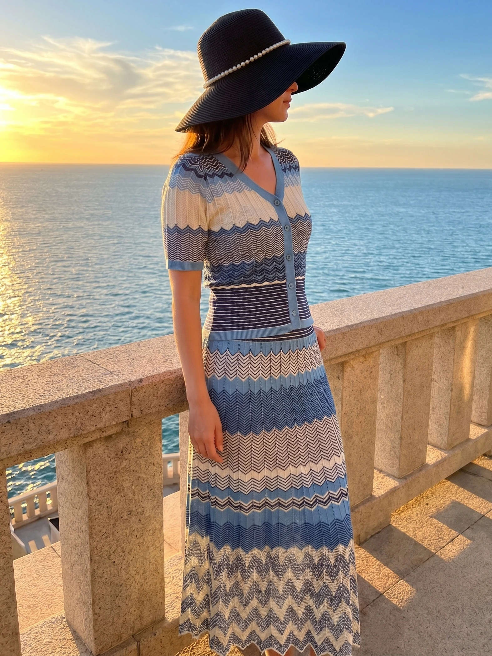 Zigzag Luxury Brand Design Blue Elegant 2 Piece Set Knit Dress For Woman Zig Zag Arab Europe Popular Vacation Beach Clothing