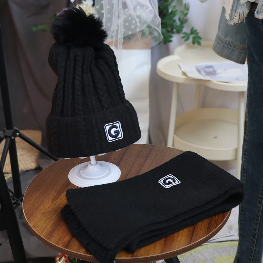 

Thicken Children's Hat with Scarf Neck Warmer Plush Ball Kids Crochet Hat Korean Style Solid Color Baby Ear Protection Hat