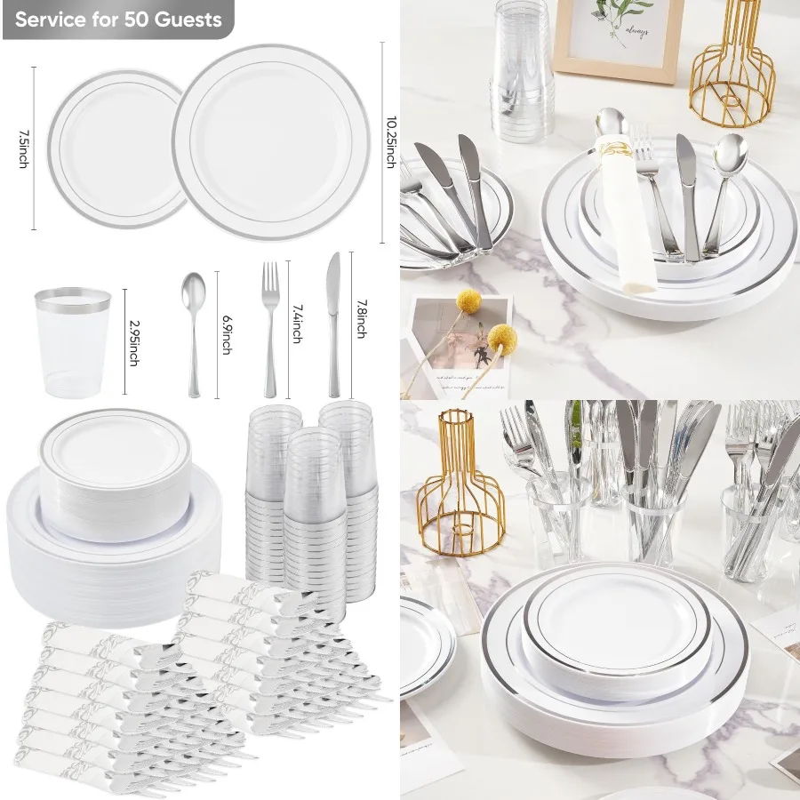 

350 шт. Серебряные одноразовые тарелки для 50 гостей: полный набор столовой посуды, включая 50 обеденных тарелок 50 тарелок для салатов 50 чашек a