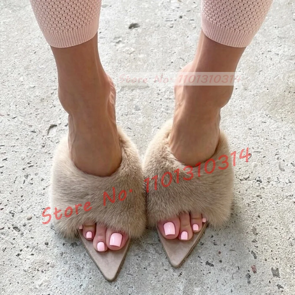 Khaki Fur Wedge Mules Women Elegant Nifty Pointy Open Toe Furry Heeled Slippers Female Trending Party Lovely Outfit Suede Shoes