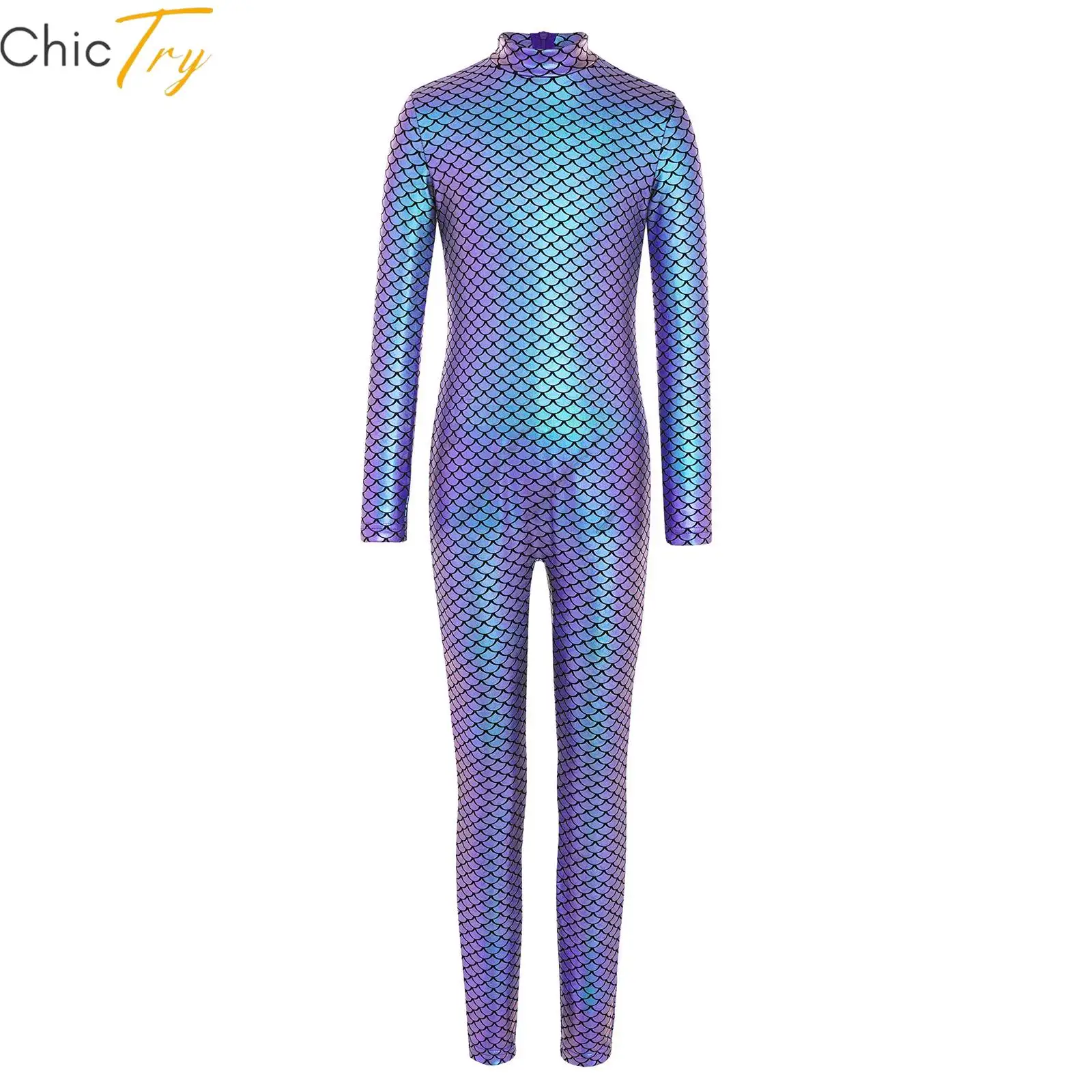 

Детский металлический гимнастический купальник для девочек с принтом «рыбья чешуя», танцевальный костюм с длинными рукавами, комбинезон-леггинсы, гимнастический комбинезон на все тело