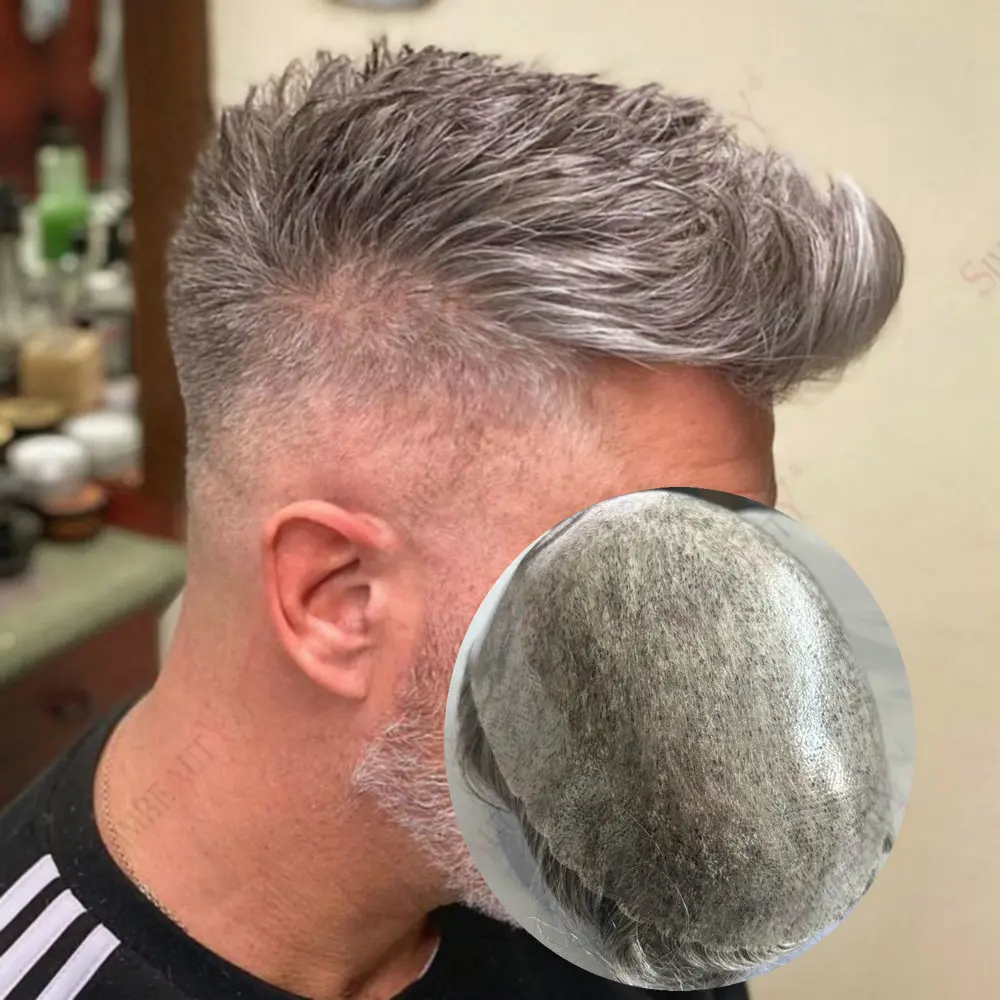 วิกผมผู้ชาย ความหนาแน่น 130% ทูเป้ผิวหนังบางพิเศษ ทำจากผมแท้ ทนทาน ระบบ PU ผิวบาง 0.1 มม. แบบฉีด ปลูกผมทดแทน