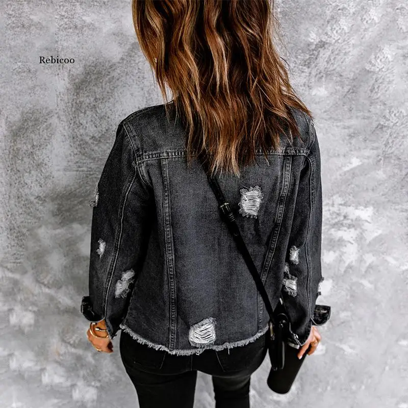 2021 High Fashion Jean Jacket Buttons Distressed Crop Denim Jacket Women