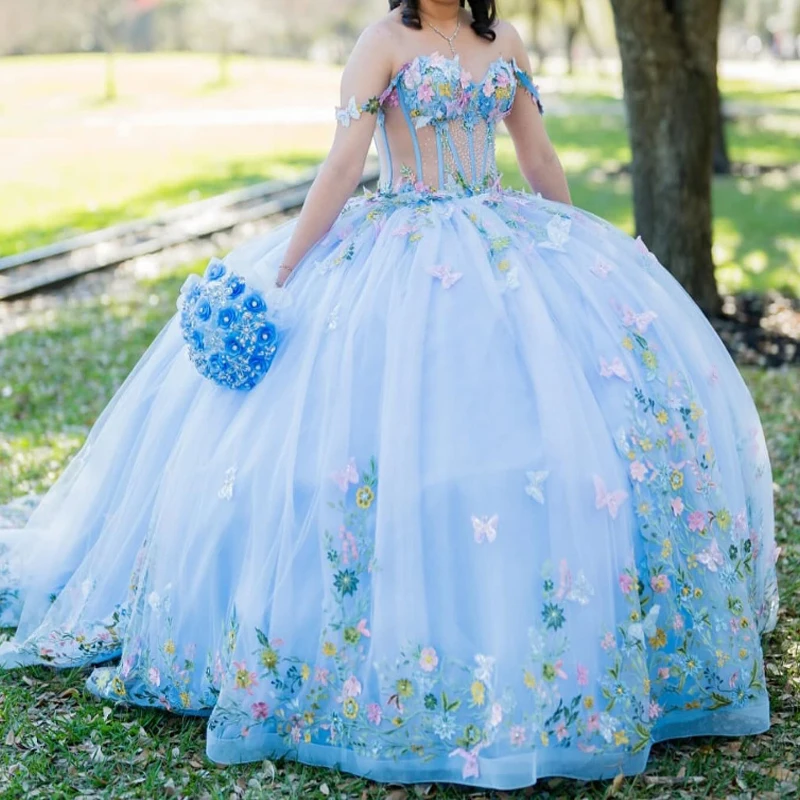 

Sky Blue Mexican 2024 Quinceanera Dress Off The Shoulder Applique Bow Crystal Ball Gown Sweet 16 Formsl Vestidos 15 De XV Anos