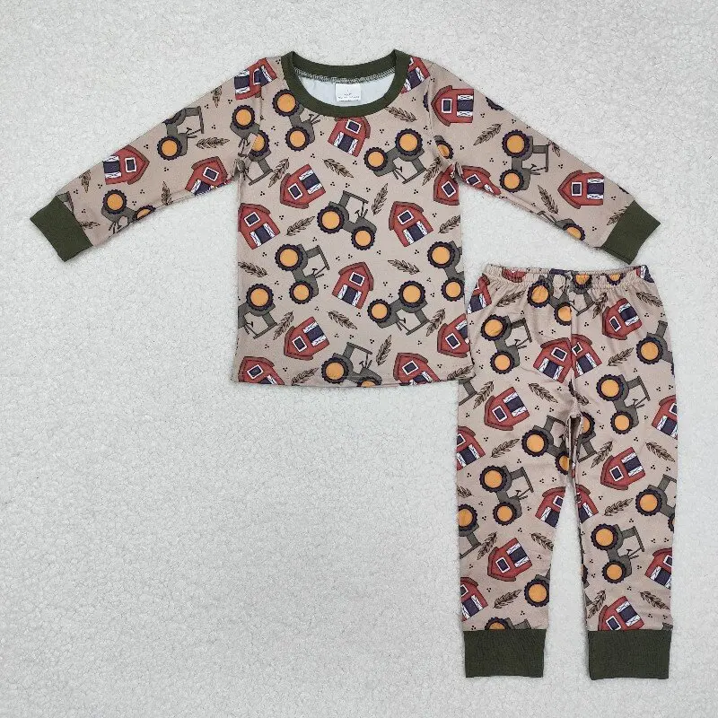

8.14y Winter Boys Pajamas Set Long-Sleeved Tractor House Print with Brown Green Trousers Children's Wholesale Boutique Clothing