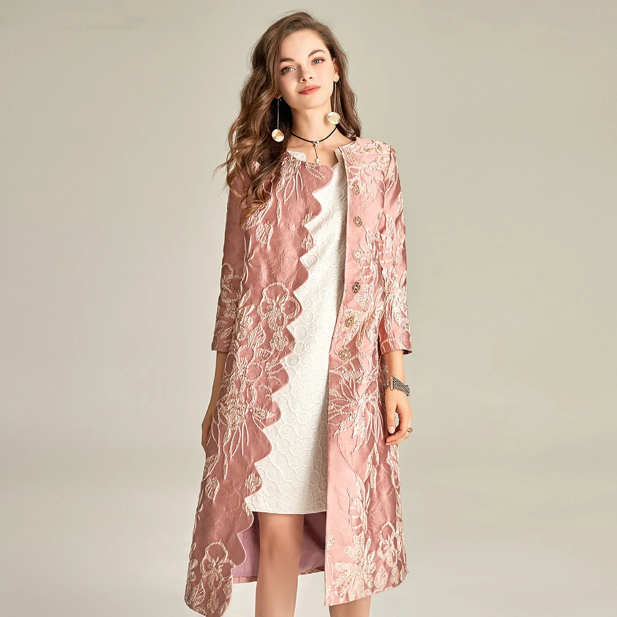 

Spring Autumn Jacquard Coat for Women Nine Quarter Sleeve Floral Covered Button Fall Luxury Jackets Women Trench Wide-waisted