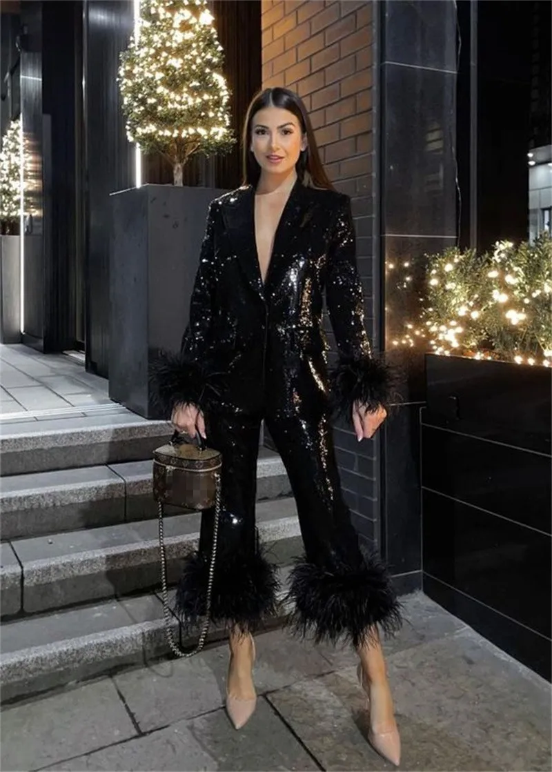 Black Sequins Women Suits 2 Pcs Luxury Ostrich Feather Blazer+Pants Designer Red Carpet Prom Dress Custom Made costume femme