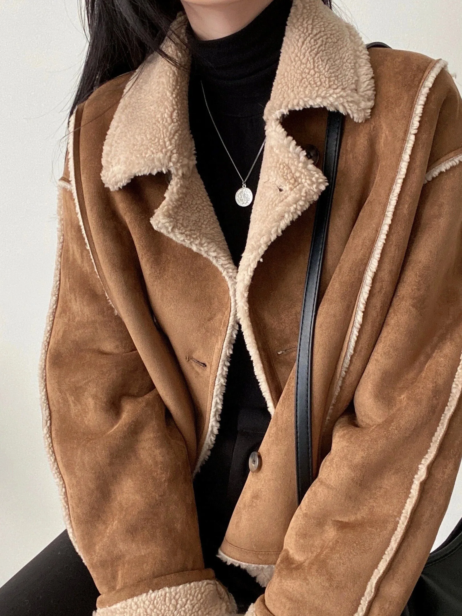 Chic Double-Breasted Suede Jacket Women's Loose Suit Collar Autumn Winter High-End Feeling Lazy Style Trendy Coat Korean Style