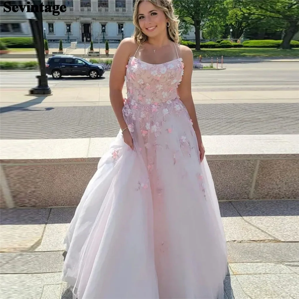 

Sevintage Elegant Baby Pink Tulle Prom DressStrapless Spaghetti Strap Floor Length 3D Flower Evening Dress robes de soirée 2024