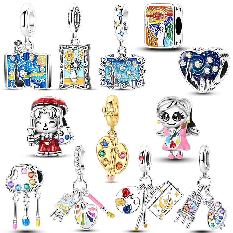 Original 925 Sterling Silver Charms Painter Bead Starry Sky Paint Palette Pendant Fit Original Bracelets For Women DIY Gift