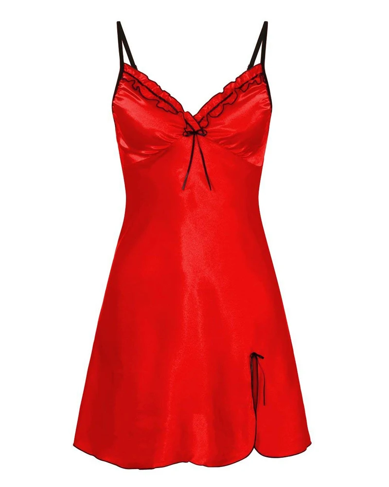 

Fashion Women Casual Loose V Neck Homewear Sleepwear Sexy Red Dress Robes Spaghetti Strap Bowknot Decor Slit Sleep Dress