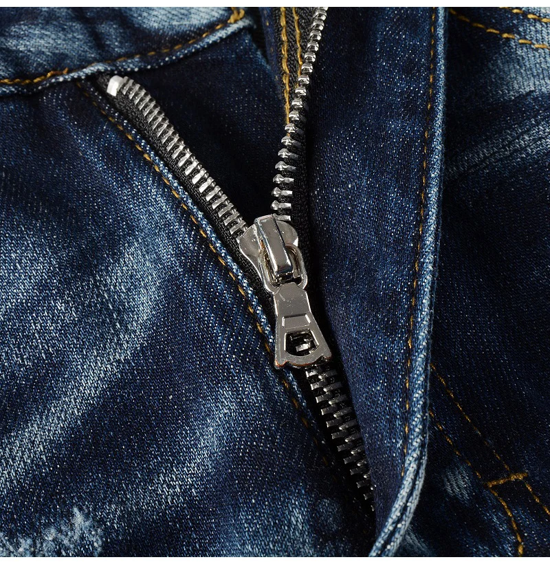 Herren Jeans mit Löchern und Patchwork-Design, Streetwear, dunkelblau, Stretch-Hose, bemalte Skinny Tapered Hose – Detail 7