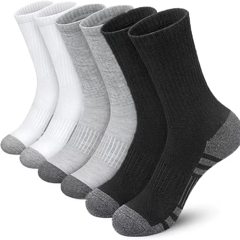3 Pairs Men Solid Color Sports Socks Large Size Basketball Mid Calf Cotton Breathable Black White Gray Long Socks Fall Winter