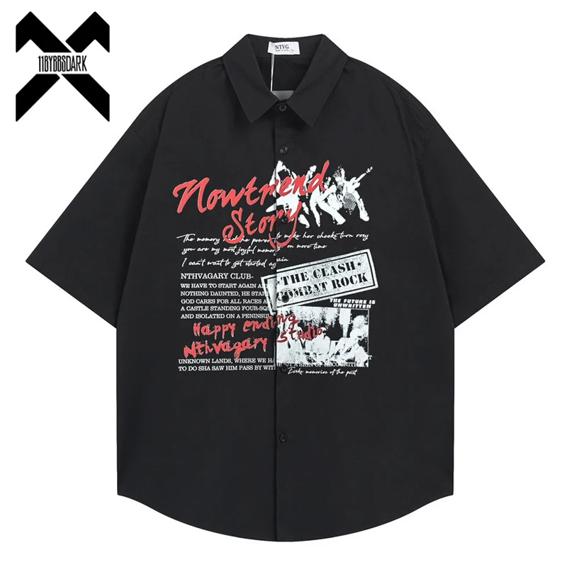

Japanese Style Men's Short Sleeve Shirt Loose Letter Pattern Summer Top Black
