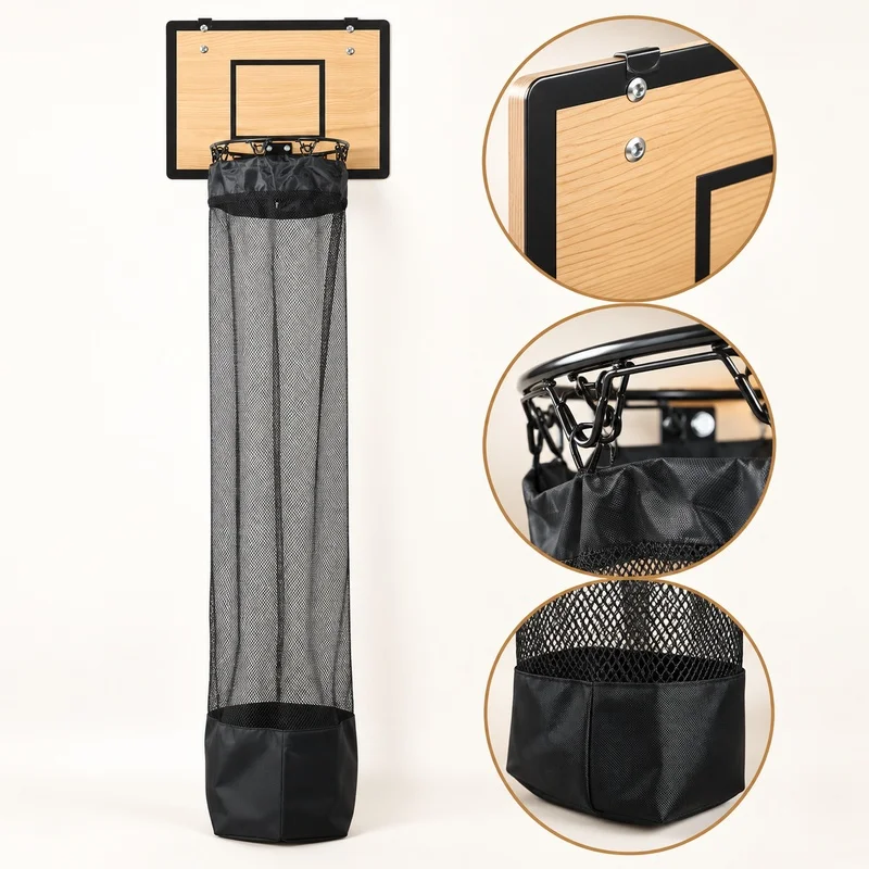 Wooden Basketball Hoop Laundry Hamper, No Drill Wall Mounted Kids Dirty Clothes Storage Rack Multifunctional Fun Organizer - view 3