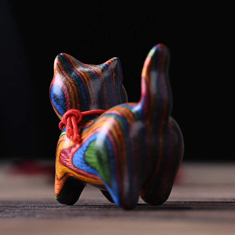 C 1pc Colored Wooden Cat Desktop Office Accessories Home Decor Gift Souvenirs Rainbow Wood Carving Cat Sculptures Cat Ornaments