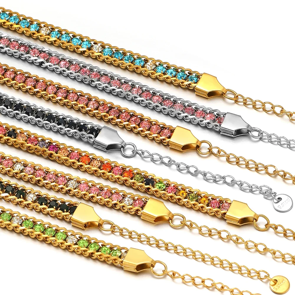 1 adet Paslanmaz Çelik Fransız Retro Kakma Kübik Zirkonya Taş Bilezikler Kadınlar Narin Takı Altın Kaplama Zincir Parti Hediyeler Toplu