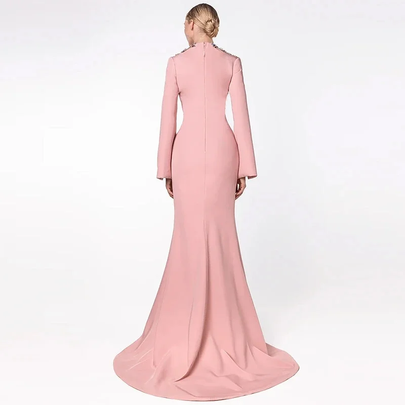 ชุดเดรสยาวประดับเพชรสำหรับผู้หญิง ดีไซน์เนอร์ออกแบบ แขนเสื้อแบบผ่าข้าง เหมาะสำหรับงานเลี้ยงกลางคืน งานแต่งงาน งานพรอม งานวันเกิด และงานครบรอบ