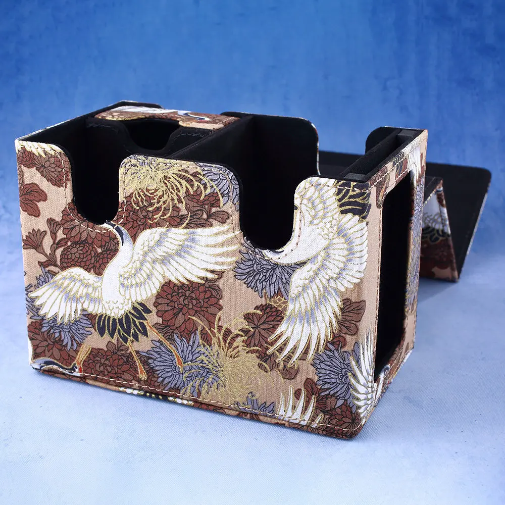 Warm brown cloth storage box with crane motif and transparent window for card organization — compact 11x12 cm design ideal