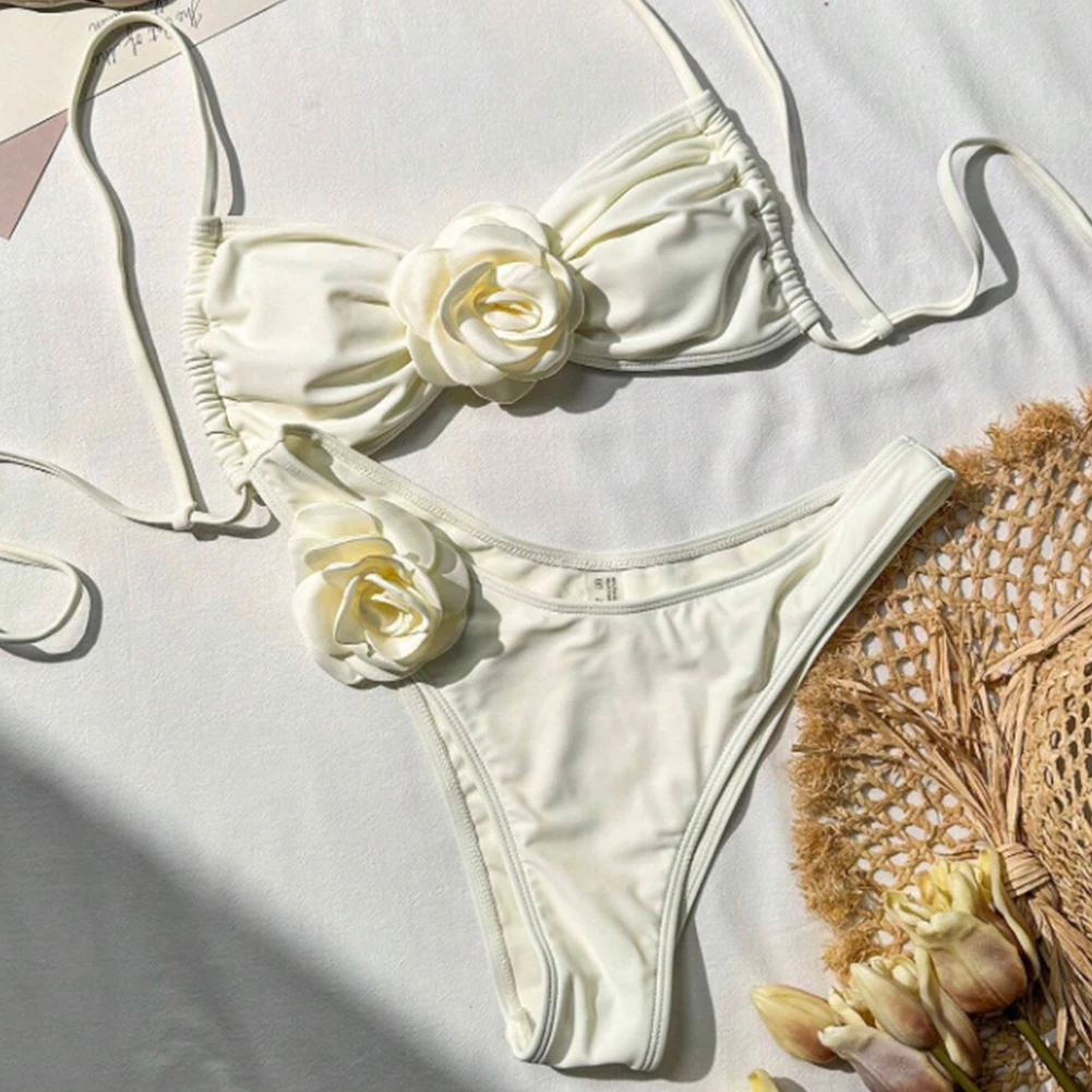 Womens New Style Three-dimensional Flower Japanese Woman Panties Breathable Bikini Suit Sexy Beach Resort Comfortable Swimsuit