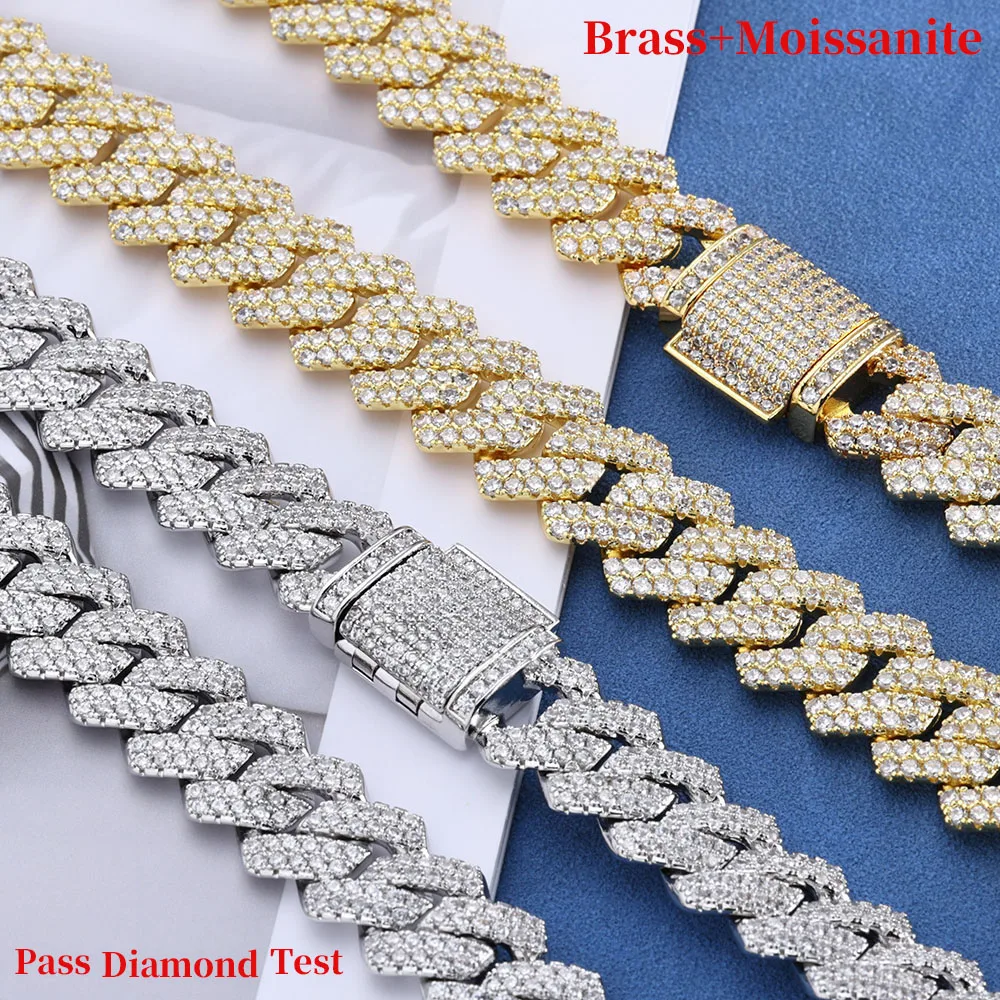 

ESKEEM Classic 14mm 2 Rows Moissanite Cuban Necklace Brass Men Cuban Link Chain Brass VVS1 Hip Hop Jewelry Wholesale