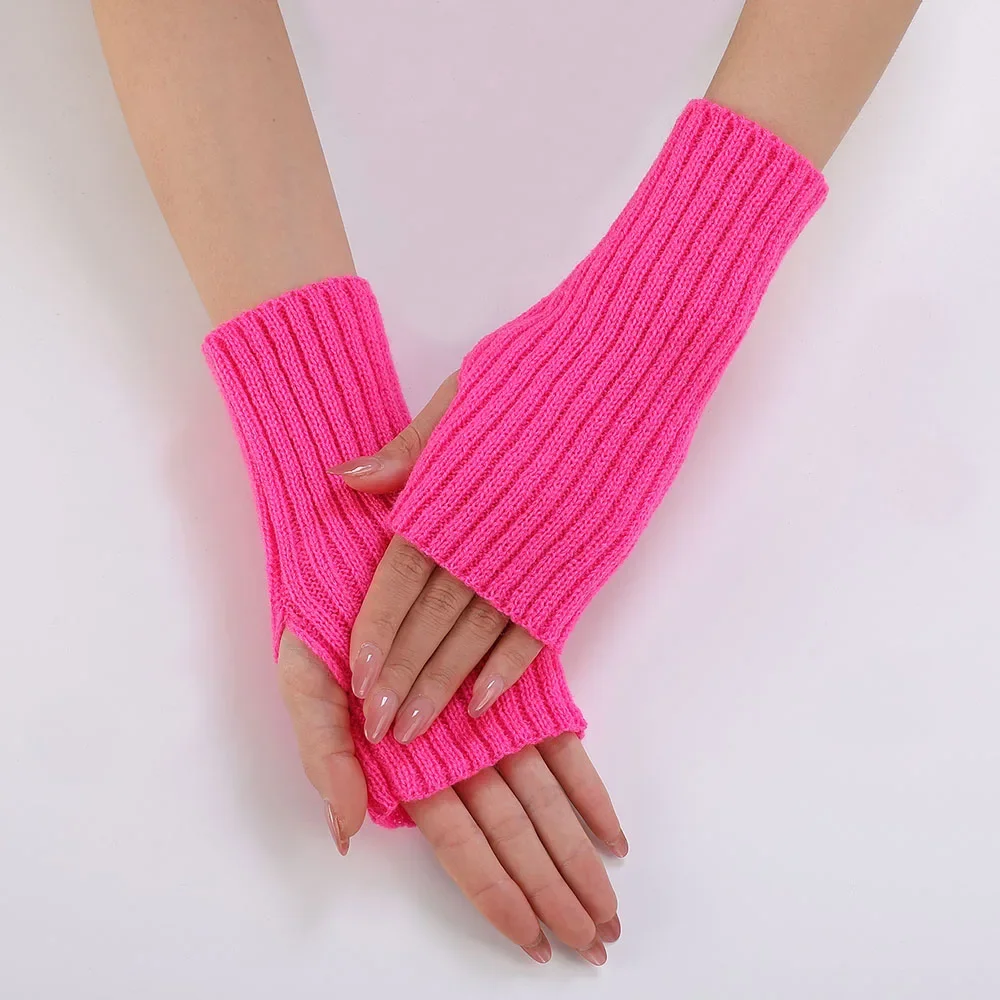 1 Pair Autumn Winter Short Arm Sleeves Half Finger Gloves for Women Solid Color Knitted Fingerless Gloves Hand Warmer Mittens