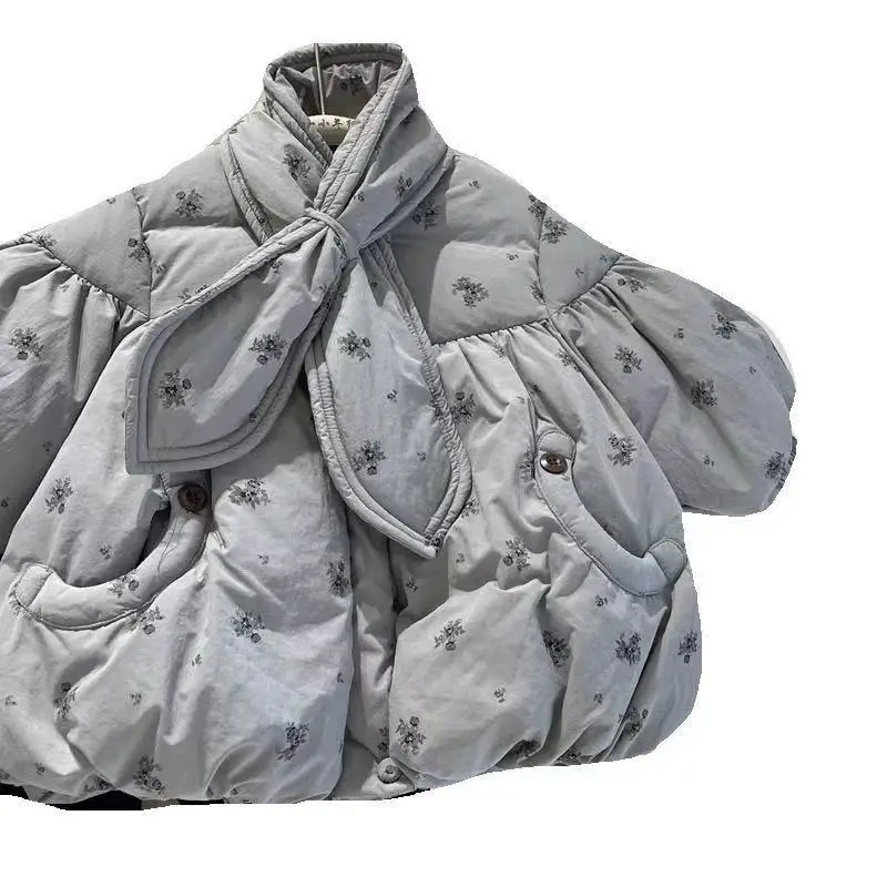 Korean Kids Winter Coat New Arrival Warm OuterwearShort Puffer Jacket for Girls Thickened Floral Print 90-140CM