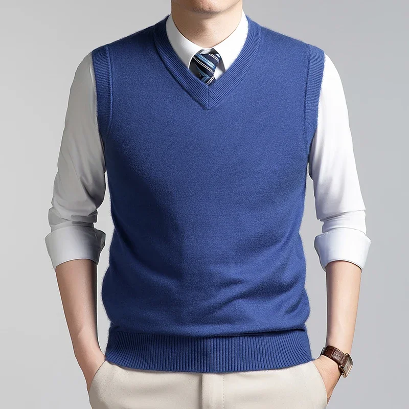Mens V Neck Solid Knitted Vest Sleeveless Sweater Waistcoat Business Casual Slim Fit Pullover Tank Top Winter Warm Knitwear view 5