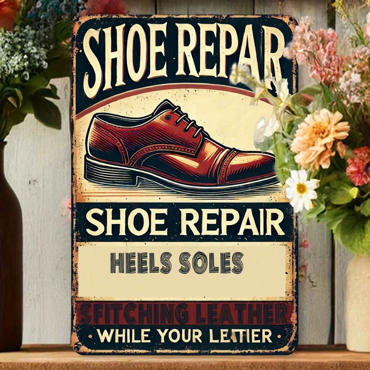 لافتة معدنية من القصدير لإصلاح الأحذية على الطراز العتيق - لوحة فنية جدارية حديدية متعثرة للمنزل والمقهى والبار والشقة والمطعم وغرفة المعيشة