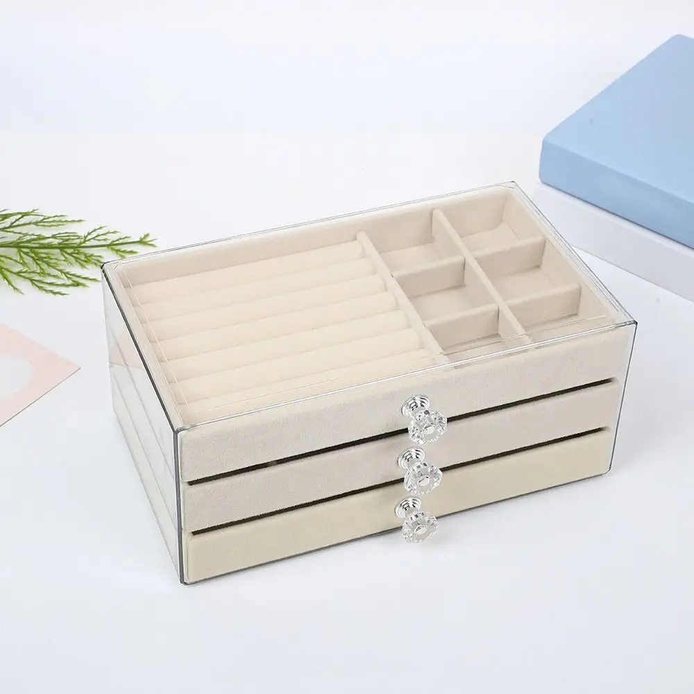 

High-Capacity Flannel Jewelry Box 3-Layer Acrylic Drawer Storage Box Transparent Oxidation-resistant Earrings Necklaces Storage