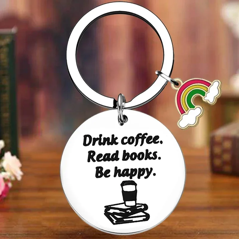 Metal Book Lovers Gift Keychain Coffee Lovers Gift Key Chain Pendant Drink Coffee Read Books Be Happy