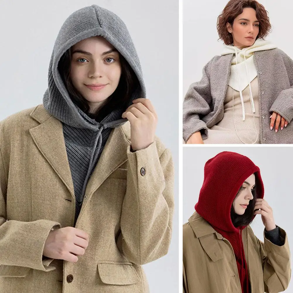 

Однотонная вязаная шапка-балаклава для женщин, ветрозащитный теплый легкий пуловер с защитой ушей и шеи, модный