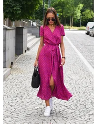 BWQ Polka Dot Split Hem Long Dress Women 2025 New Fashion V Neck Print Sundress Vestidos Short Sleeved Waisted Lace-up Dress
