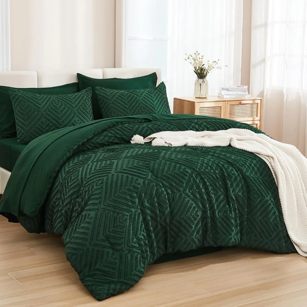 Comforter Set 7 Piece Dark Emerald Green - Bed in a Bag Queen Boho Lightweight Fluffy Tufted Beddding Sets, Comforters