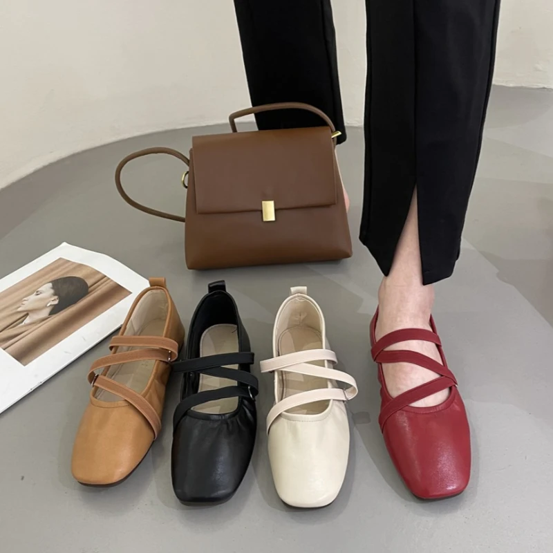 

Spring Ballet Flat Shoes Women Comfy Leather Shoes 2024 Women Luxury Women Square Toe Flat Mary Janes Ladies Shoes Double Buckle