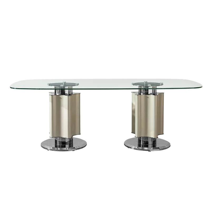 

Modern glass dining table set high-end hotel hrestaurant rectangular dining table stainless steel dining table and chairs