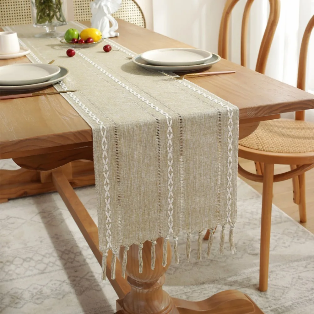 

Household Solid Color Rustic Table Runner Hollow Weaving With Tassels Table Cover Rectangular Table Flag Holiday
