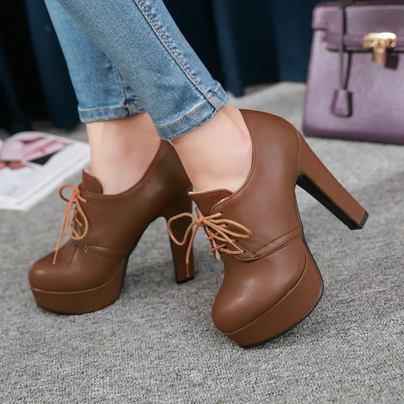 

Round Toe Brown Black Gray Lace-up Block Thick High Heel Women Derby Oxfords Shoes British Style Vintage Pumps Heels big Size 44