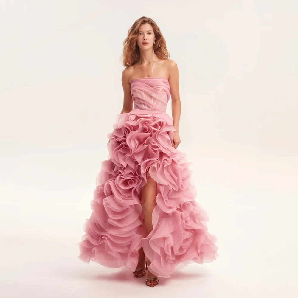 

Voluminous Rose Pink Ruched Organza Split Long Women Maxi Dresses With A Corset Bustier Pretty Bridal Dresses