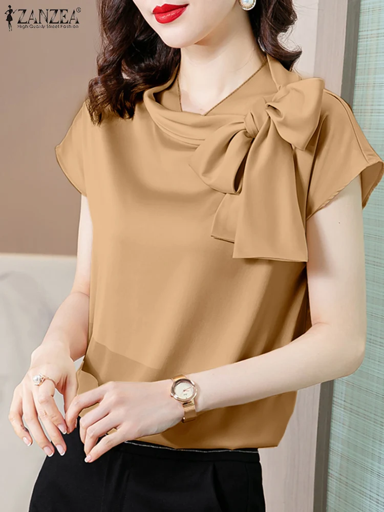 ZANZEA Women Elegant OL Satin Blouses Fashion Office Shirts Casual Short Sleeve Bow Tie Tops Summer Solid Work Blusas Chemise