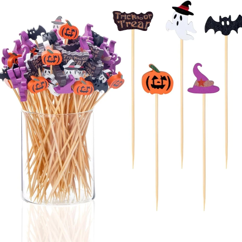 50 Uds. Palillos de dientes para Halloween, aperitivos, palillos de cóctel de bambú de 4,7 pulgadas para pastel, postre, comida, fruta, decoraciones para fiesta de Halloween