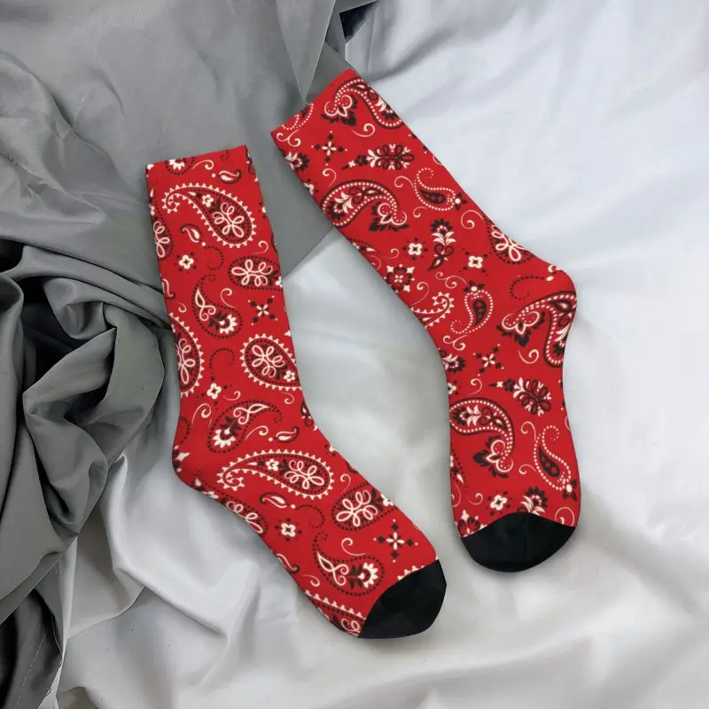 Fashion Red Bandana Paisley Pattern Mens Crew Socks Unisex Cool Spring Summer Autumn Winter Dress Socks
