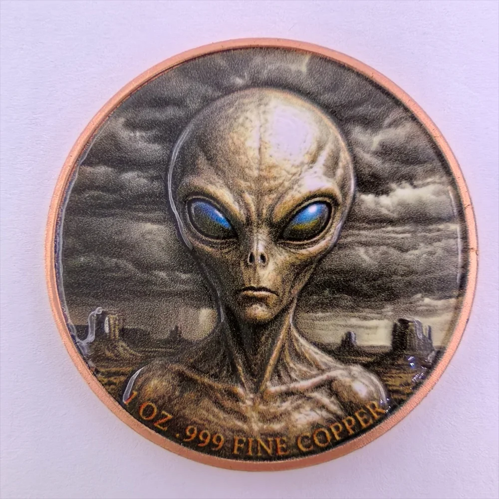 1oz .999 Fine Copper Coin Visit Alien UFO Earth Satellite 3D High Relief Colorized Sci-Fi Galaxy Space Collectible Gift