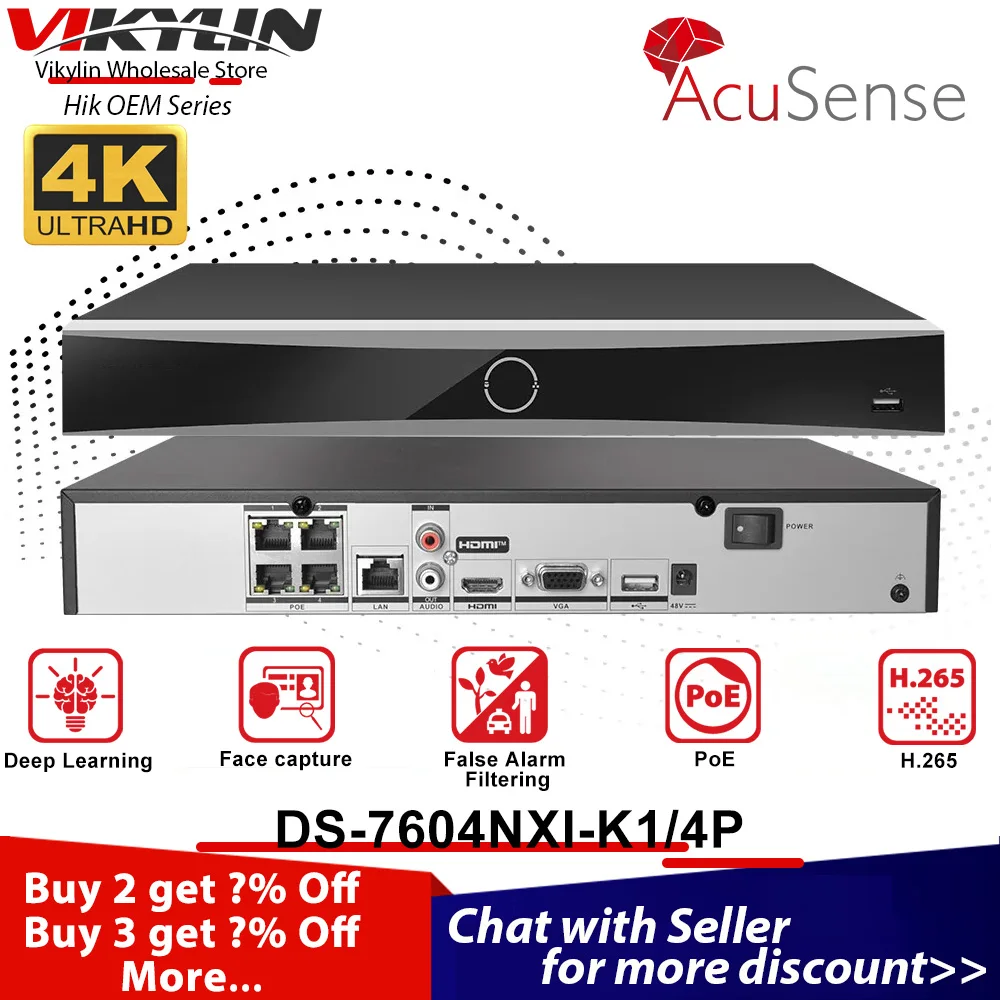 Vikylin HIK AcuSense 4CH PoE 4K NVR DS-7604NXI-K1/4P H.265+ HDD CCTV Security Surveillance Network Video Recorder for IP Camera