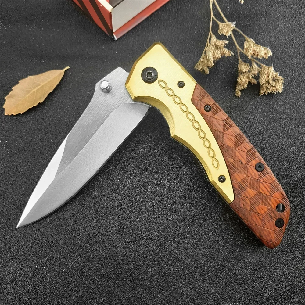 Outdoor Pocket Folding Knife DA77, 5Cr13Mov Blade Brass + Wooden Handle, EDC Camping Survival Hunting Knife Rescue Tool