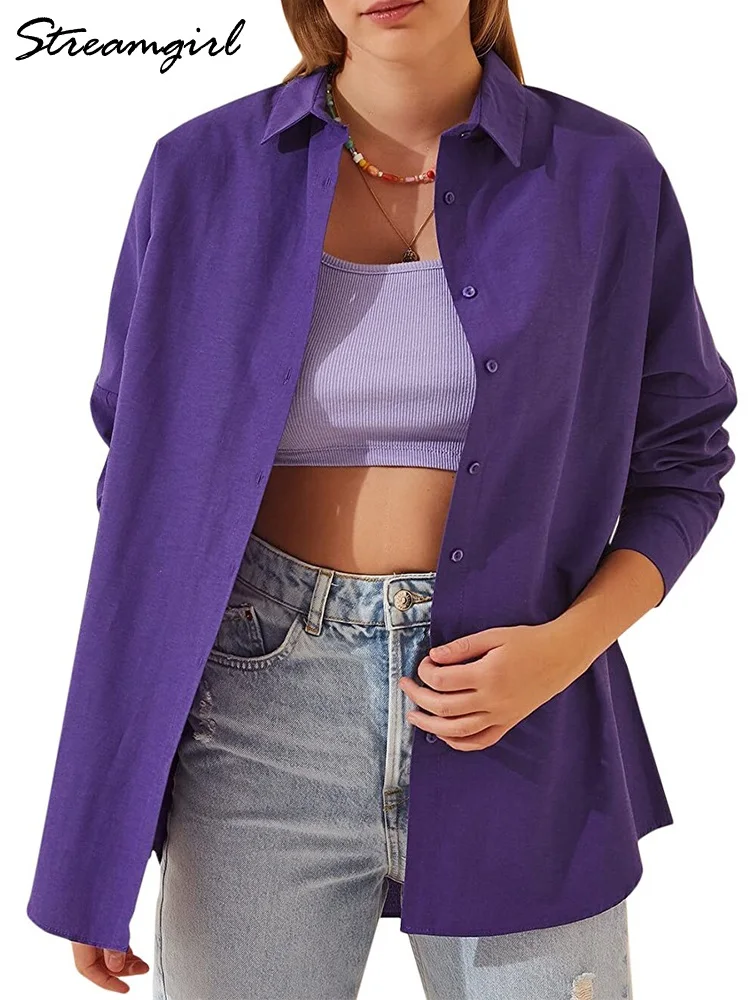 Green Long Oversized Shirt Women Autumn Cotton Purple Tops And Blouses Long Sleeve Casual Loose Blouses Women\'s Shirts Boyfriend